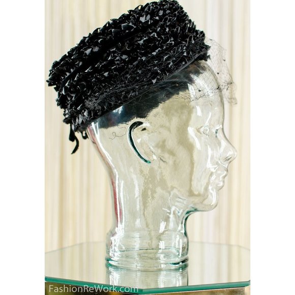1950\'s Black Pillbox Hat, jackie o hot, jackie o pillbox hot,woven black hat main image 4
